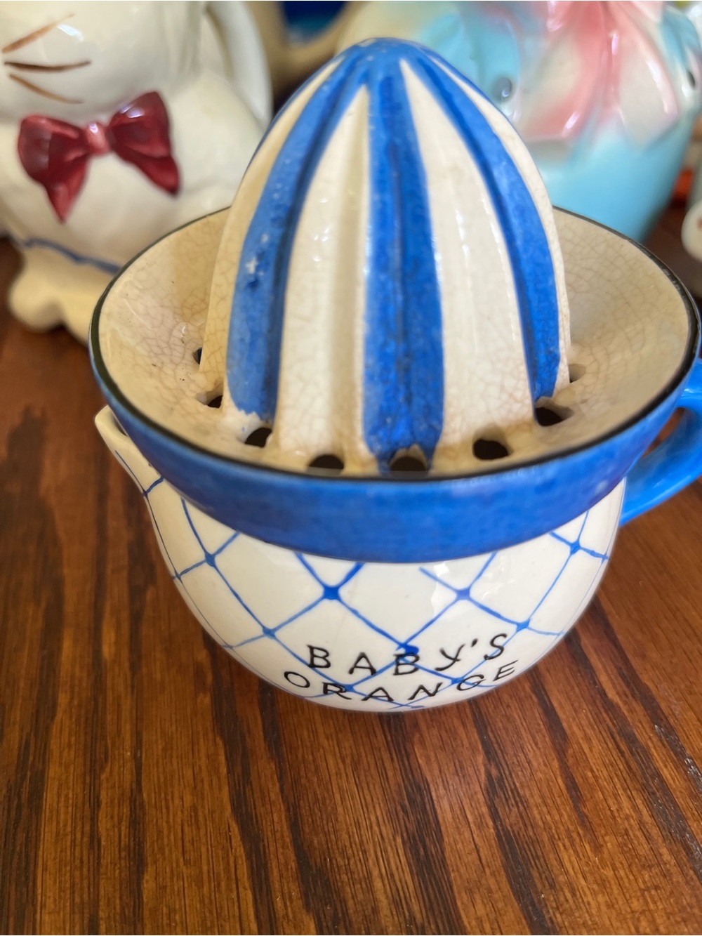 Blue and Cream Ceramic Citrus Juicer - Baby's Orange Made in Japan Stamped 428